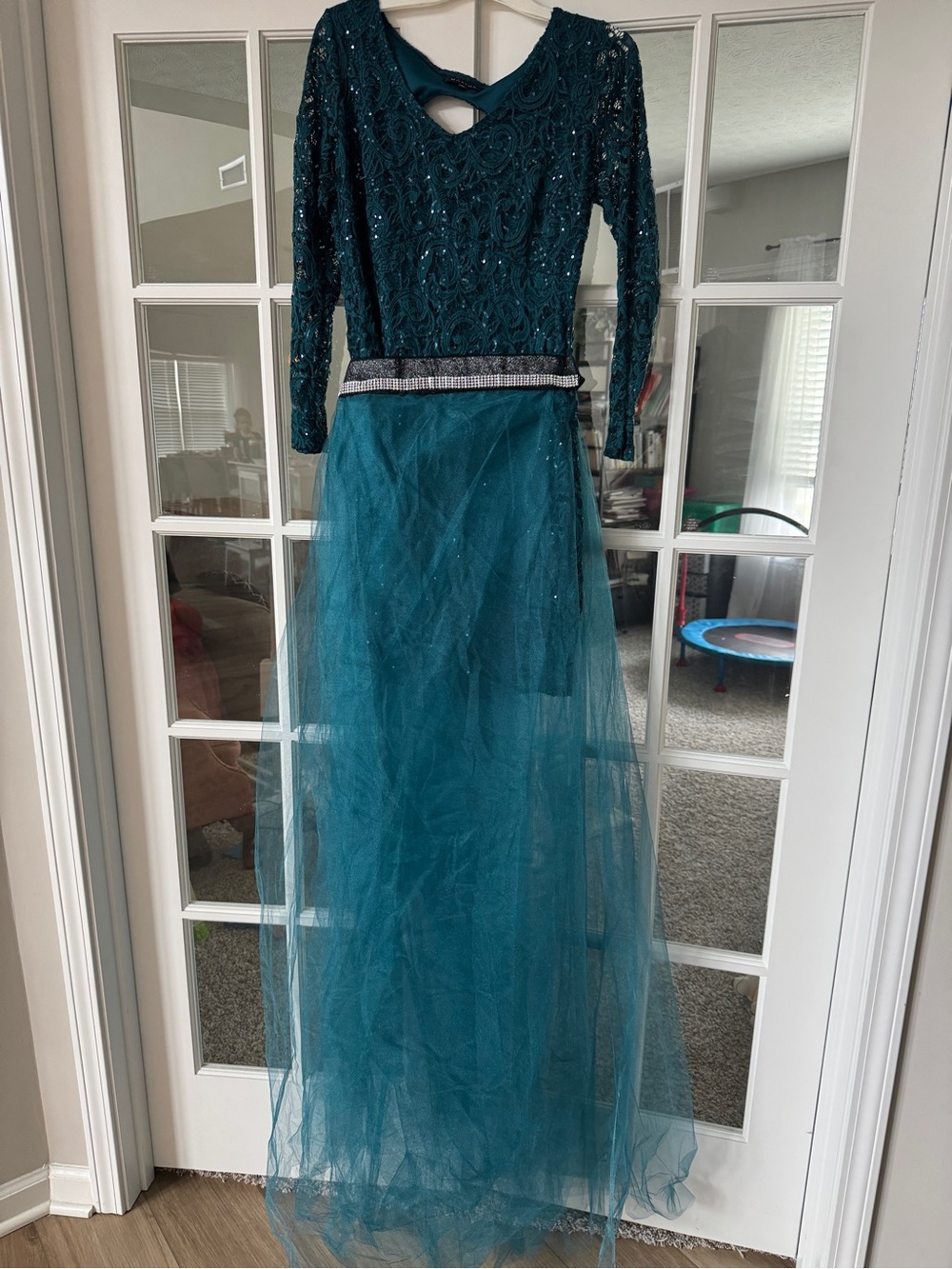 Women’s Teal Lace & Tulle Skirted Dress with Embellished Waist